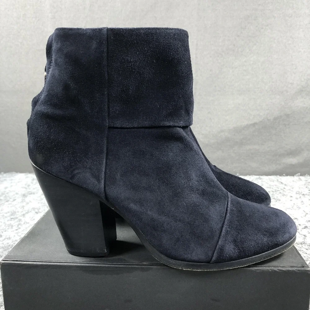 Rag & Bone Newbury 2.0 Boots Womens 9 Navy Suede Ankle Zip Block Heel Casual